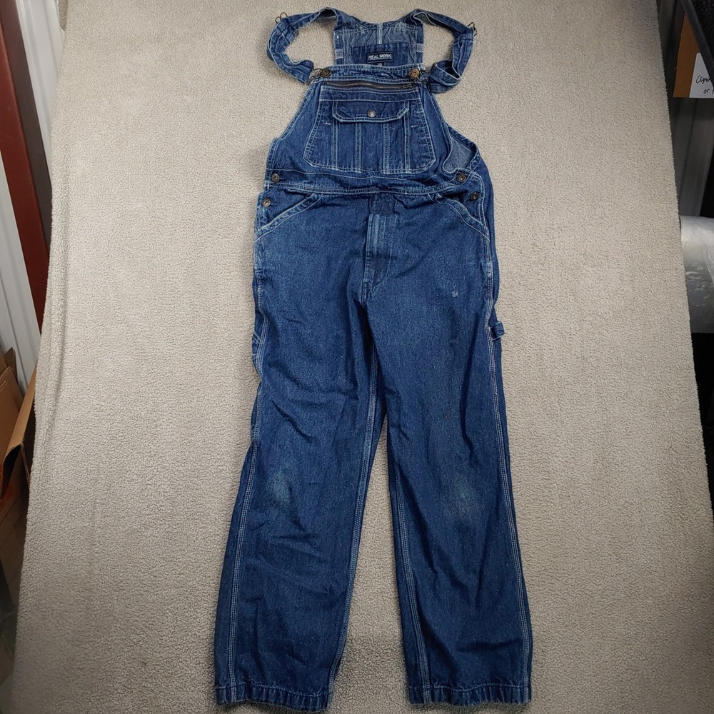 Real Work Denim Overalls - Men 35x28 Blue Carpenter Bib Workwear Utility Pants